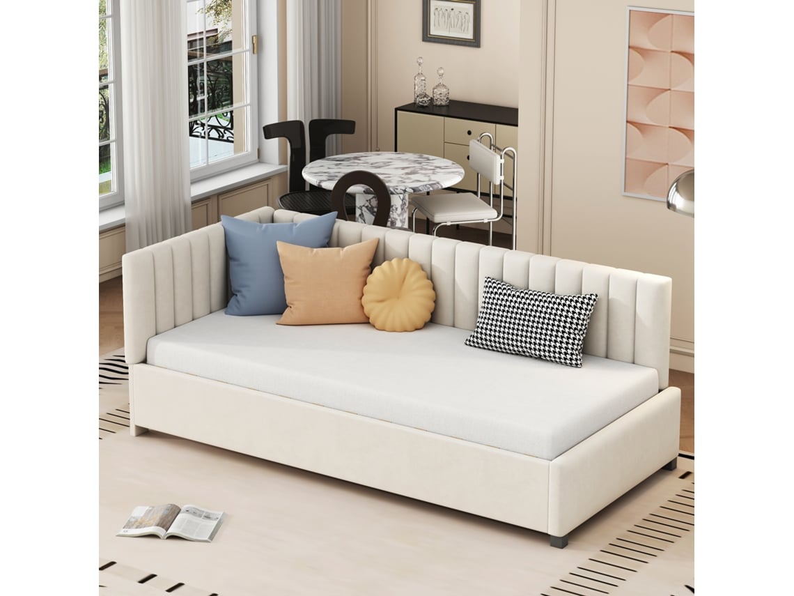 Sofá Cama De Terciopelo Beige, 90x200 Cm, Base De Láminas, Multifuncional.