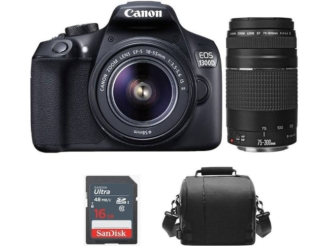 Kit Cámara Réflex CANON EOS 1300D EF-S 18-55mm F3.5-5.6 IS II + EF 75-300mm F4-5.6 III + Funda + SD 16GB