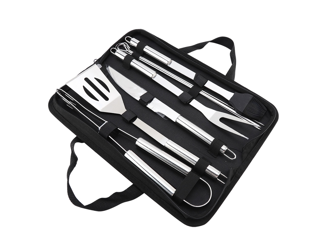 Juego De 9 Utensilios De Acero Inoxidable Para Barbacoa Con Bolsa Oxford.