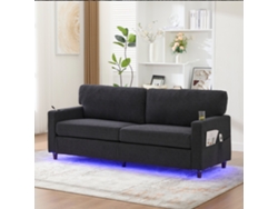 Sofá de 2 plazas de chenilla con puerto USB-C, iluminación LED, portavasos y bolsillos laterales, gris oscuro, Mobrio