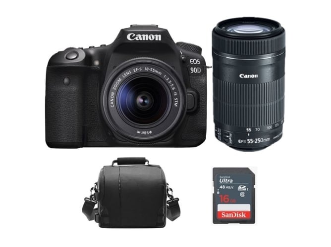 Kit Cámara Réflex CANON 90D EF-S 18-55mm F3.5-5.6 IS STM + EF-S 55-250MM F4-5.6 IS STM + Bolsa + 16GB SD