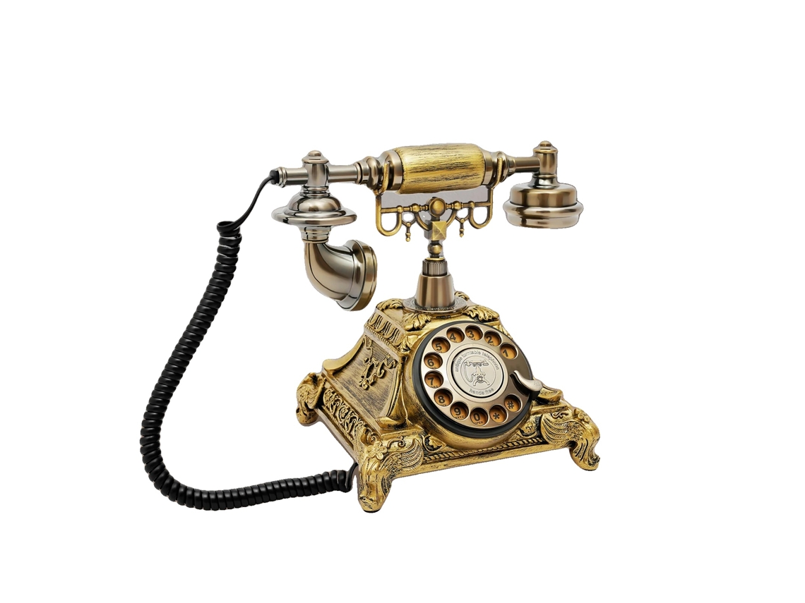 Teléfono vintage con dial giratorio y cable, con acento decorativo.