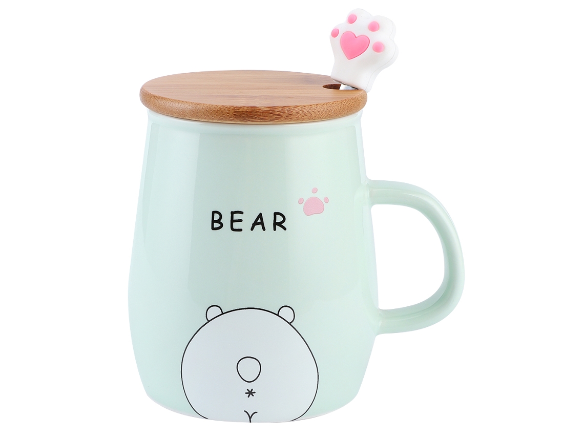 KOFIHETY Taza de Cerámica 420ml con Tapa de Madera y Cuchara - Taza para Agua, Té, Café o Leche - Regalo Original