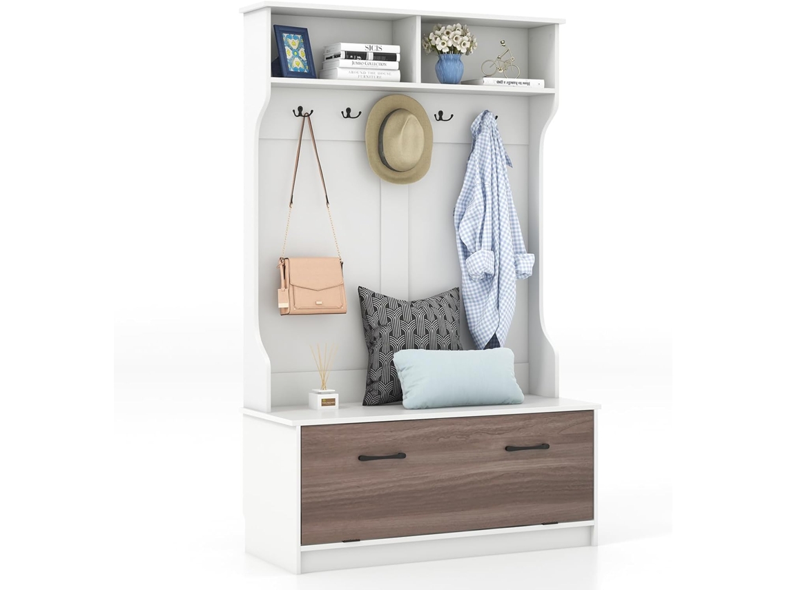 Perchero Entrada Recibidor con Zapatero, 1 Solapa, 5 Ganchos Dobles, 100 x 40 x 160 cm, Armario de Entrada, Armario Recibidor (Blanco) COSTWAY