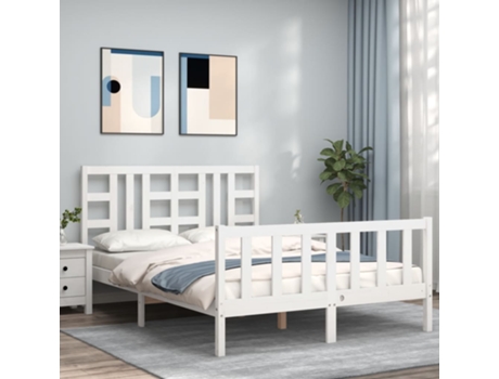 VIDAXL Cama doble blanca de madera maciza con cabecero (Madera - 135 x 190 cm)