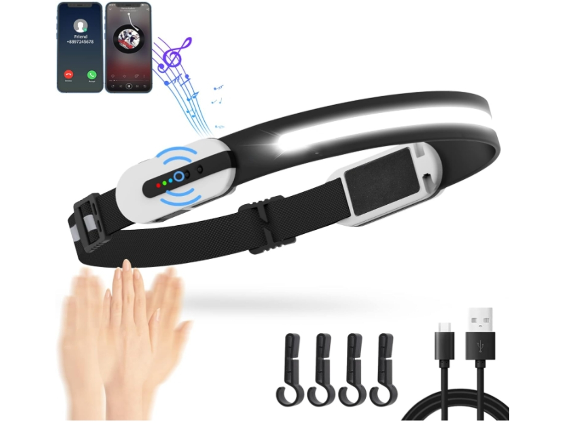 YEMAESRE Lx400 Linterna frontal LED COB recargable por USB con sensor de movimiento Conexión para teléfono/música Blanco