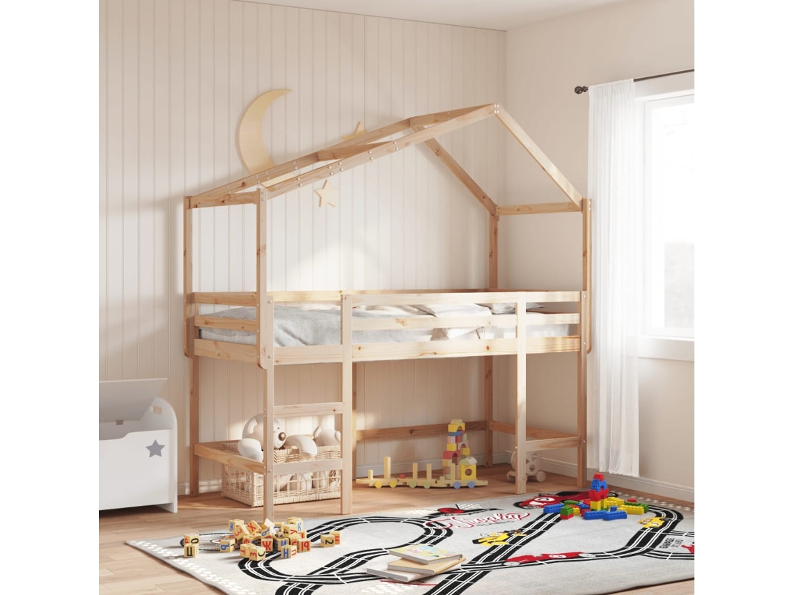 Cama Alta Con Escalera Y Techo Madera Maciza De Pino 80x200 Cm