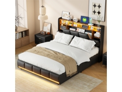 Cama Tapizada 160x200 Cm, Cama De Matrimonio Con Iluminación Led, Función De Carga Usb Y Almacenaje, Pu Negro (sin Colchón).