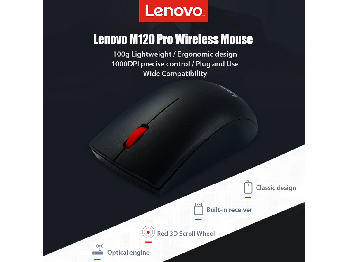 Ratón Inalámbrico Lenovo M120 Pro De 2,4 Ghz Con Receptor Usb Ergonómico, 1000 Dpi Para Portátil, Pc Y Mac.