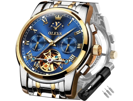 VEANXIN Reloj mecánico automático Tourbillon de acero inoxidable resistente al agua con fecha luminosa para hombre(Correa blanca y esfera azul.)