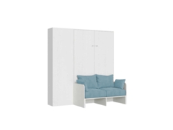 Cama Doble Plegable Francesa Kentaro De 140 Cm Con Sofá Y Columna En Fresno Blanco Y Azul Claro