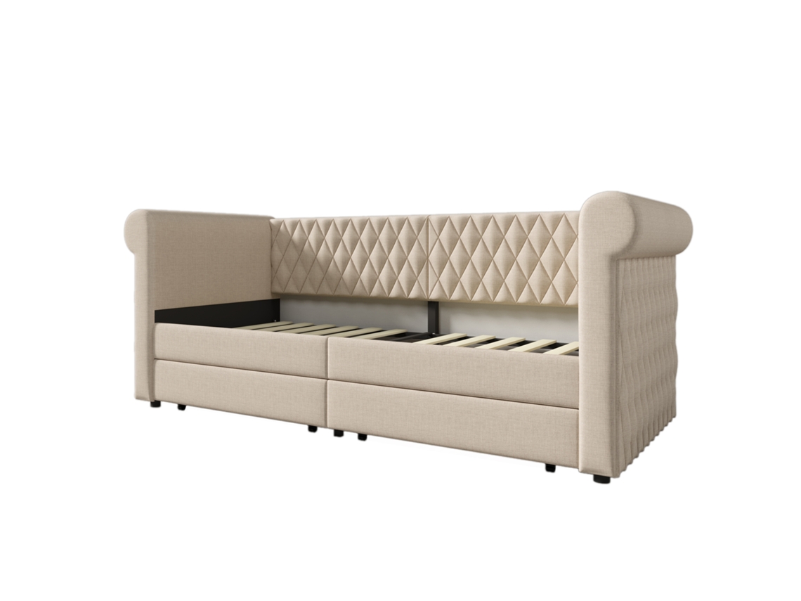 Sofá cama con 2 cajones en tejido de lino - 90x200 cm - Con somier - Beige
