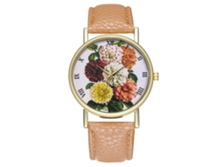 Reloj De Pulsera Analógico De Cuarzo Para Mujer Con Correa De Pu Con Estampado Floral Beige.