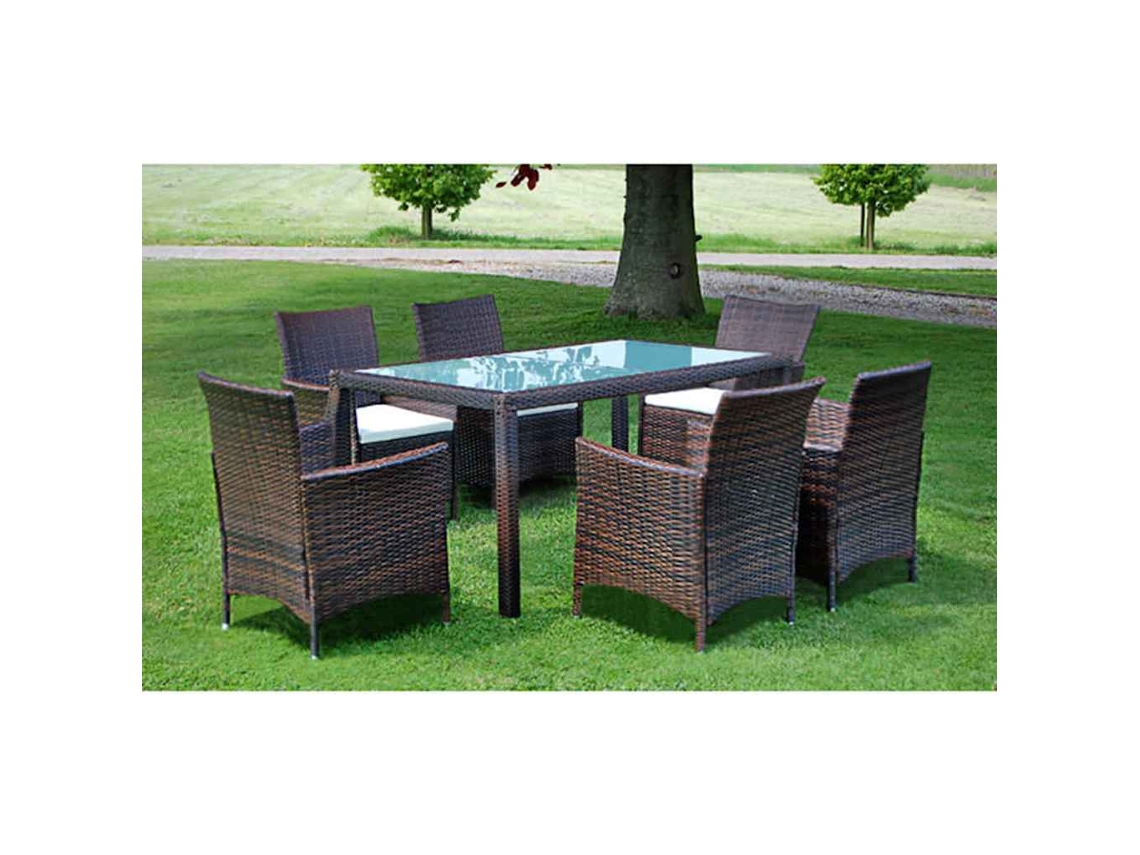 Juego de comedor de exterior de 7 piezas con cojines de mimbre sintético marrón, Dkd Home Decor