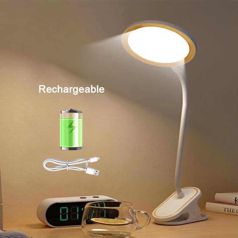 Lámpara de escritorio recargable USB (dorada) con clip, pantalla táctil LED con tres niveles de intensidad, bombilla protectora de ojos.