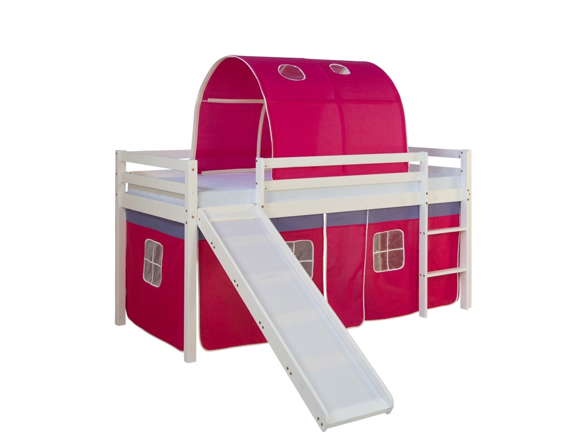 Cama Alta Infantil Con Somier Tobogán Túnel Y Cortina Modelo Rosa Oscuro 90x200 Cm Lit06188