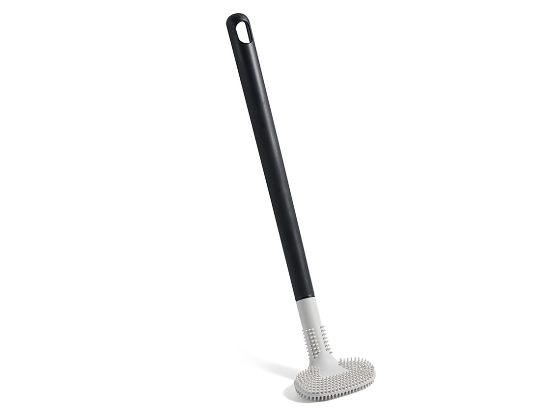 Cepillo de silicona para limpieza de inodoro, mango largo, con soporte de pared para baño.