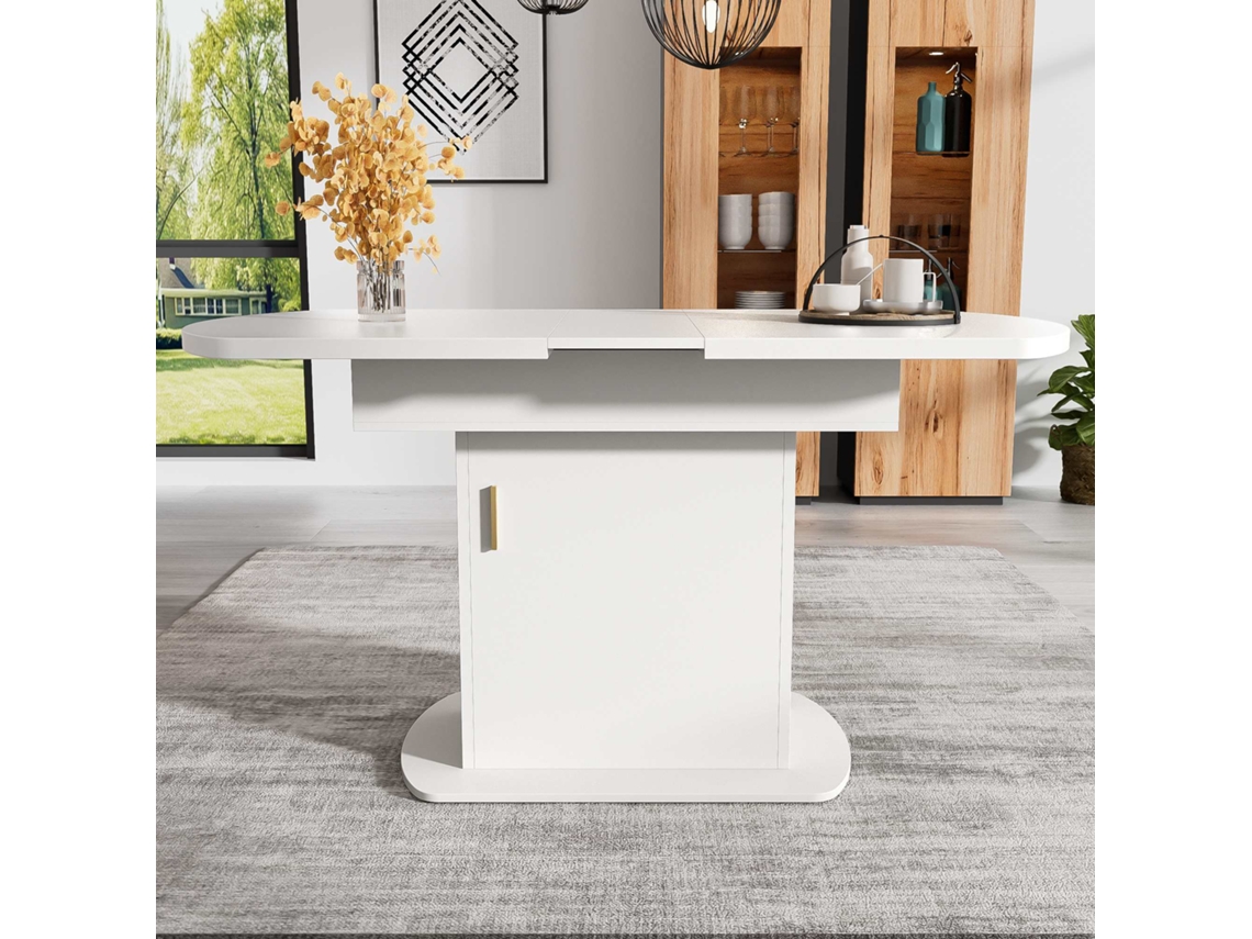 Mesa de comedor extensible de 110/130 x 70 x 75 cm con espacio de almacenaje, diseño moderno, minimalista, color blanco y asas doradas.