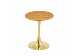 Mesa auxiliar redonda de 60 cm - Tablero de MDF con tecnología termoformada, acabado efecto madera natural, base dorada - Madera natural y oro