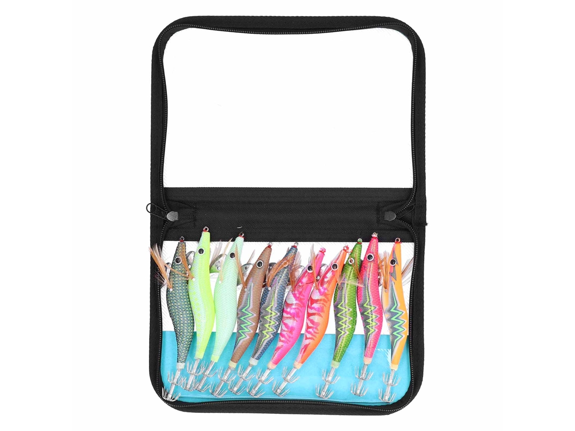 Kit De Señuelos Para La Pesca De Calamares Con 10 Señuelos Luminiscentes De Madera Y Acero Inoxidable.