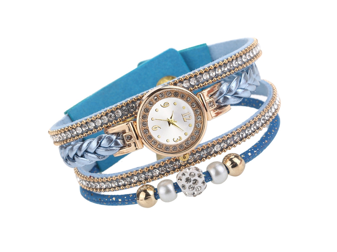 Reloj De Pulsera Multicapa Con Pedrería Para Mujer Y Cordón Trenzado, Cuarzo Azul.