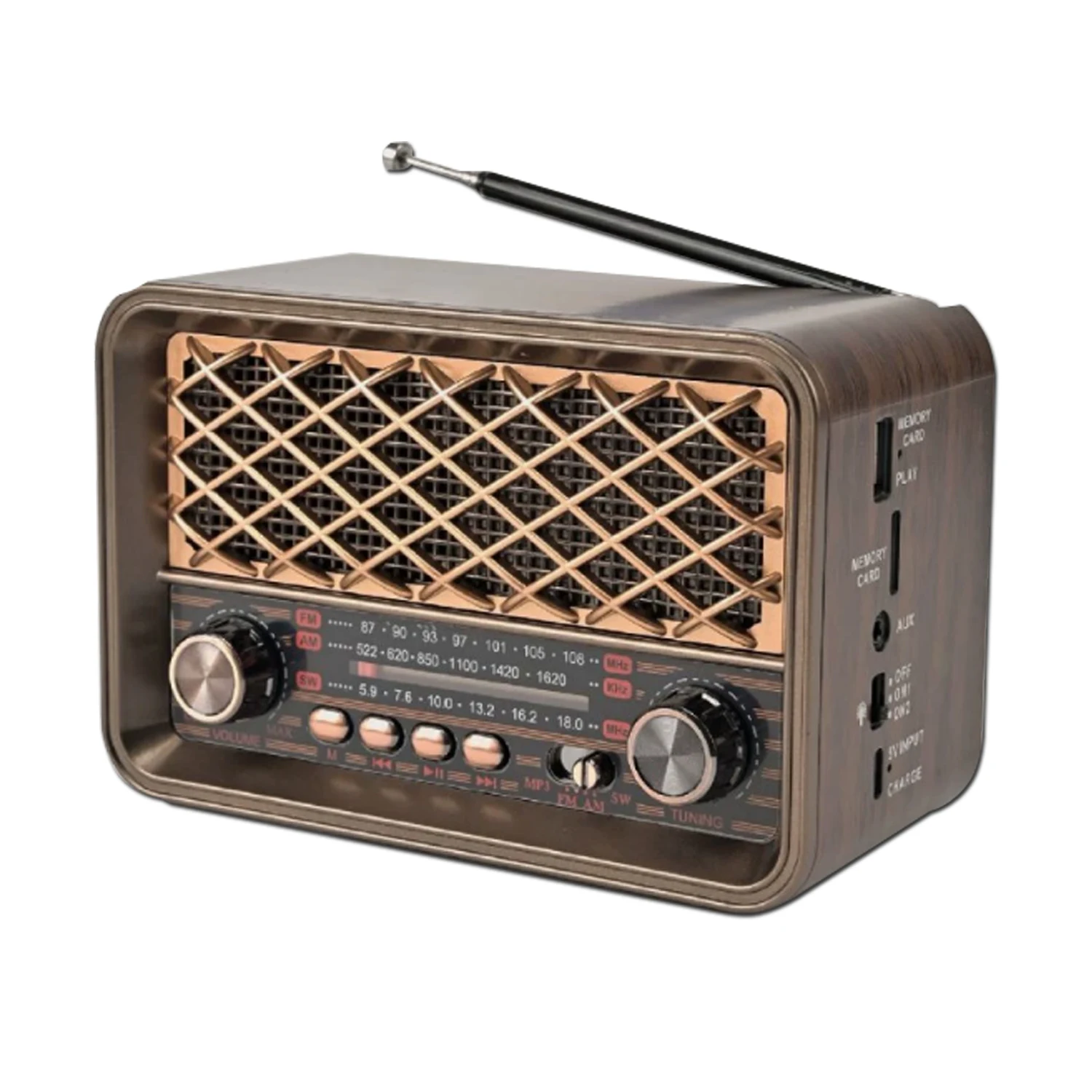 Radio FM/AM/SW de banda completa con altavoz Bluetooth, luz LED, ranura para tarjeta TF, puerto USB y puerto auxiliar MDUG (marrón)