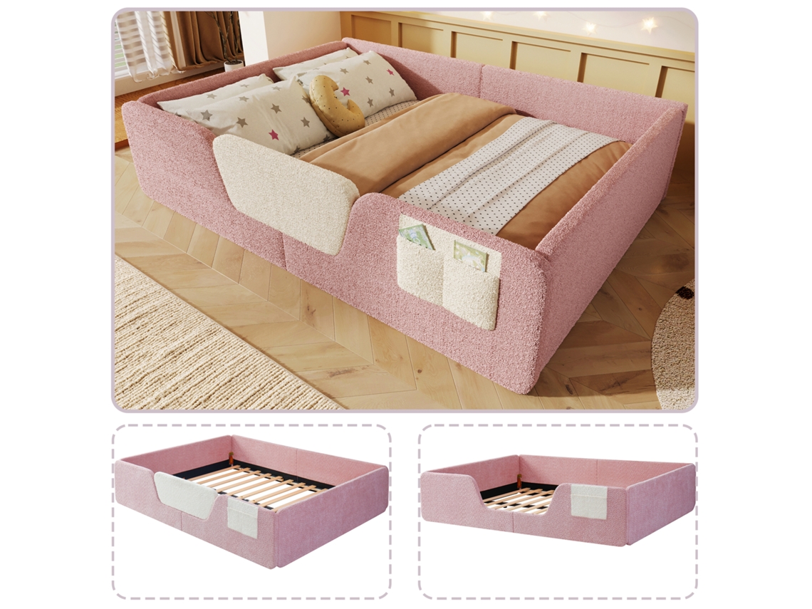 Cama Tapizada De 140x190 Cm, Barandilla Lateral Desmontable, Bolsa De Almacenamiento, Terciopelo Rosa.