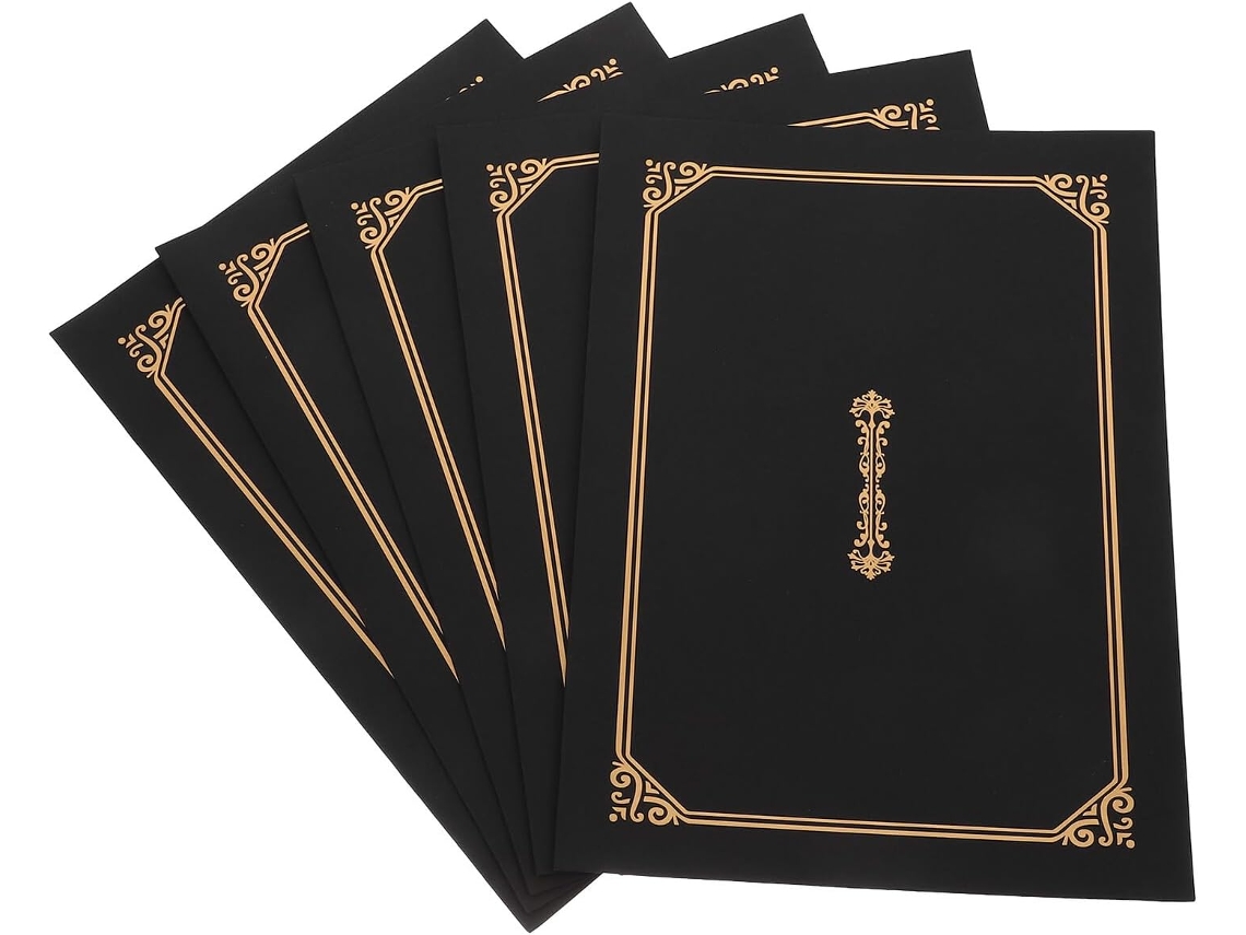 Juego De 5 Fundas De Papel Negras Tamaño A4 Con Borde Dorado, Fundas Para Certificados Y Documentos.