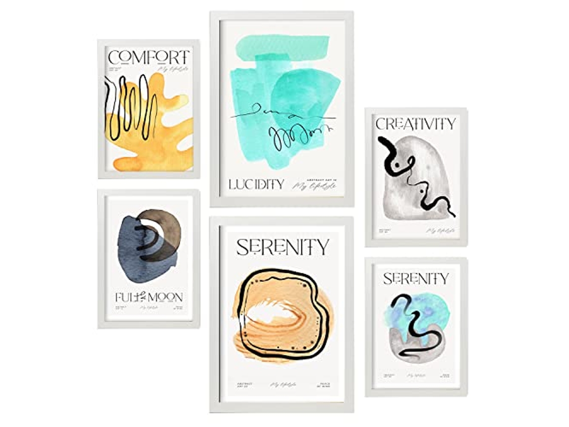 NACNIC Set De 6 Posters Abstractos Elementos Láminas Con Estética Exposición De Arte Ilustraciones A Todo Color Para  Tamaños A3 & A4 Marcos Blancos