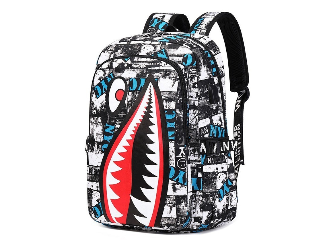 Mochila infantil con estampado de tiburón y puerto USB, gris, Hexinyigjly