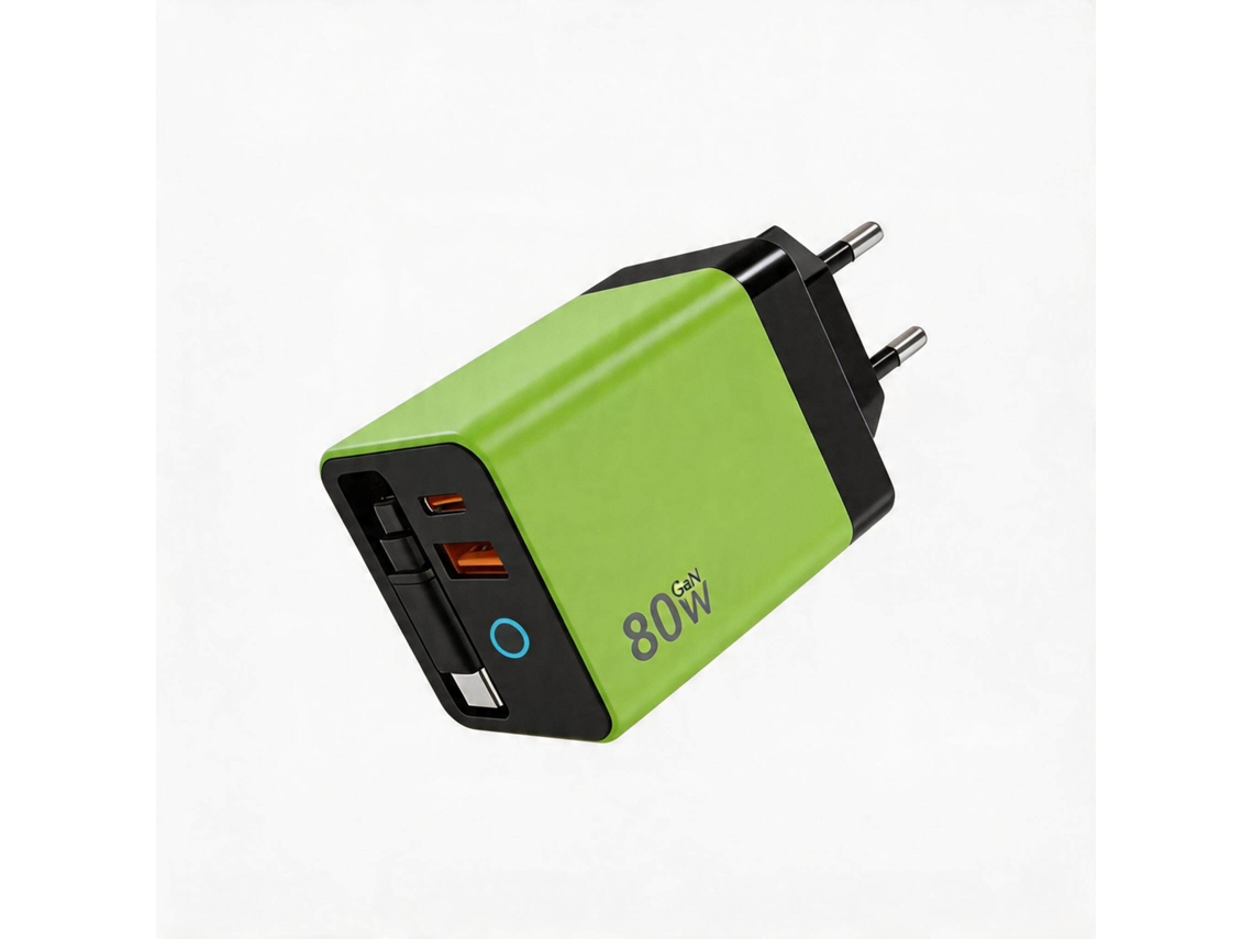 Cargador Gan De 80 W Con 2 Puertos. Incluye Un Cable De Datos Retráctil De 80 Cm. Digitallab Amarillo