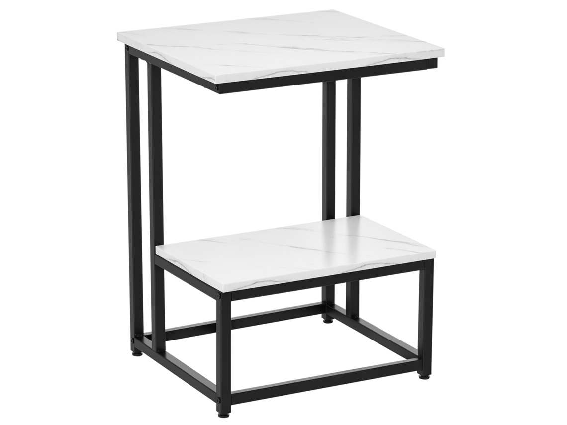 Mesa De Centro Moderna Para Salón, Mesa Auxiliar Para Dormitorio, Estructura De Acero Negro, Tablero Con Estante Efecto Mármol Blanco.