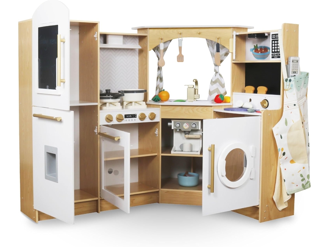 Cocina Infantil de Madera Estufa Interactiva Iluminación Led Cafetera y Accesorios Utensilios de Cocina para Verduras y Frutas Tren 50 Piezas MAMABRUM