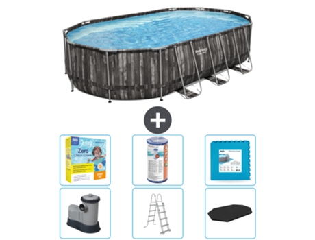 Piscina BESTWAY Oval Power Steel - 610 x 366 x 122 - Gris - Incluye bomba - Escalera - Cobertor Paquete de mantenimiento - Filtrar - Baldosas