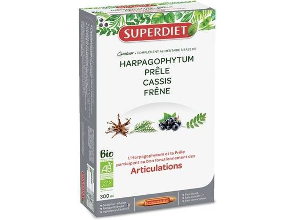 Complemento Alimentar SUPERDIET Quarteto Articulação Bio : Cavalinha Freixo Groselha Preta Harpagophytum (20 ampolas)