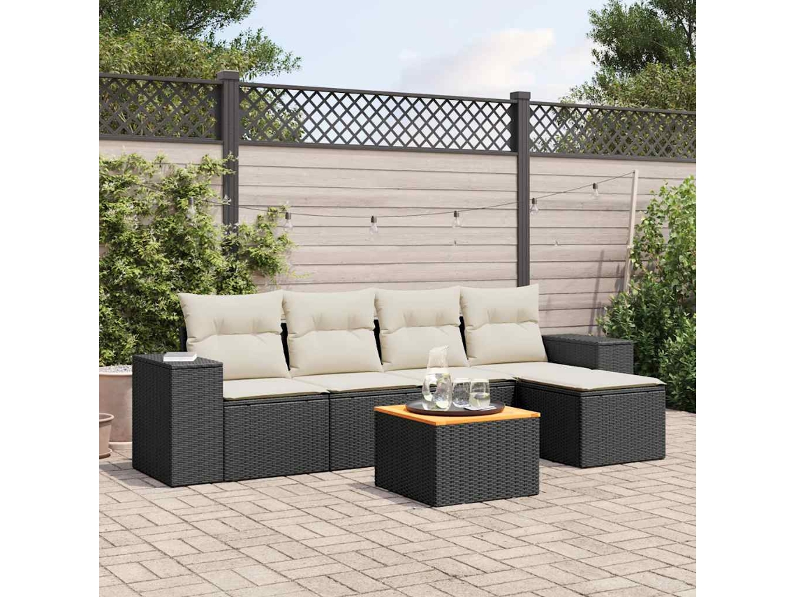Conjunto de sofá de jardín de 6 piezas con cojines, mimbre sintético negro, DKD Home Decor