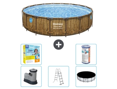Piscina BESTWAY Round Power Steel Swim Vista - Impresión en madera - 549 x 122 - Incluye bomba - Escalera - Cubierta Accesorios CB33