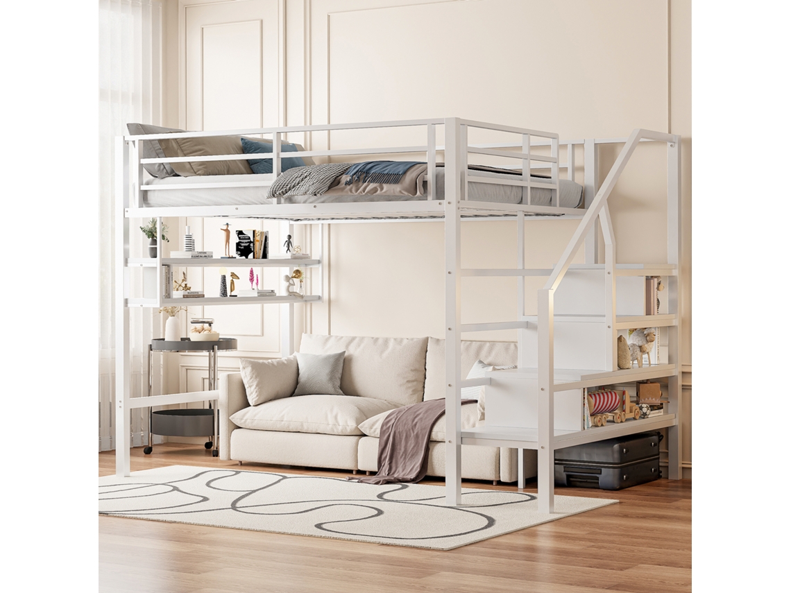 Cama alta, 140*200cm, con estantes, escalera de almacenaje, espacio debajo de la cama para guardar ropa, nivel de protección, sin colchón.