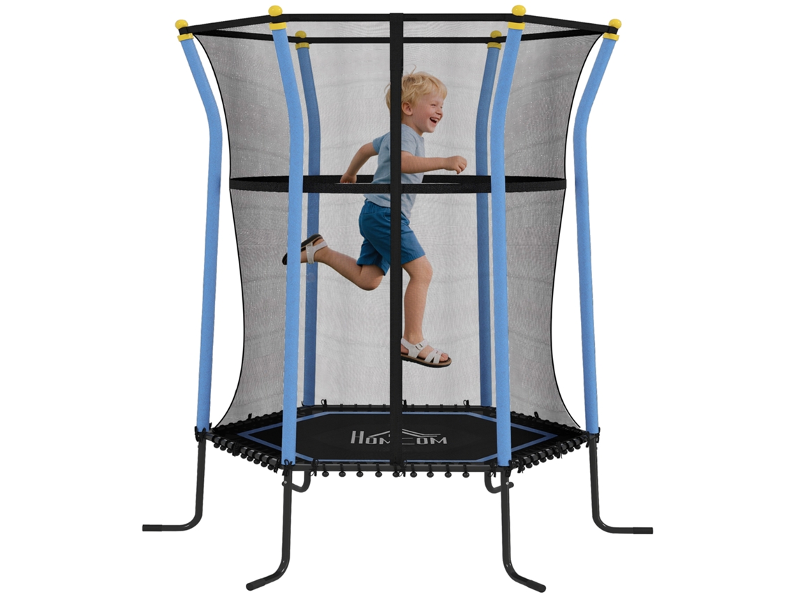 Cama Elástica Infantil De Ø163,5 Cm, Con Red De Seguridad Acolchada, Estructura De Acero Negra Y Azul Y Capacidad Para 50 Kg.