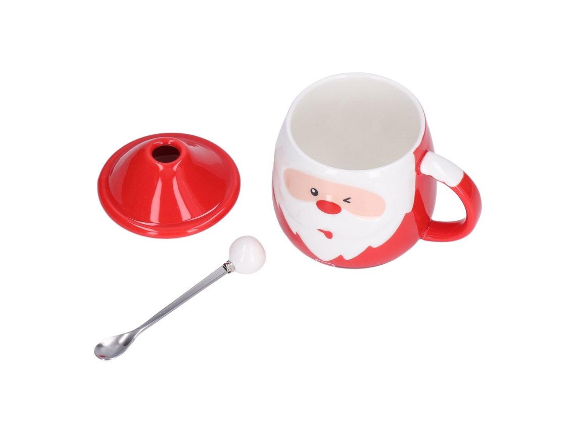 Taza Navideña De Cerámica De 450 Ml Con Tapa Y Cuchara Para Café, Leche O Té, Gran Capacidad.