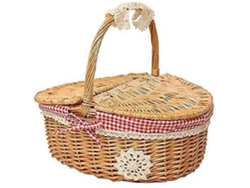 Cesta de picnic de mimbre tejido con tapa, estilo campestre, forro de algodón a cuadros rojos y blancos, regalo de picnic.