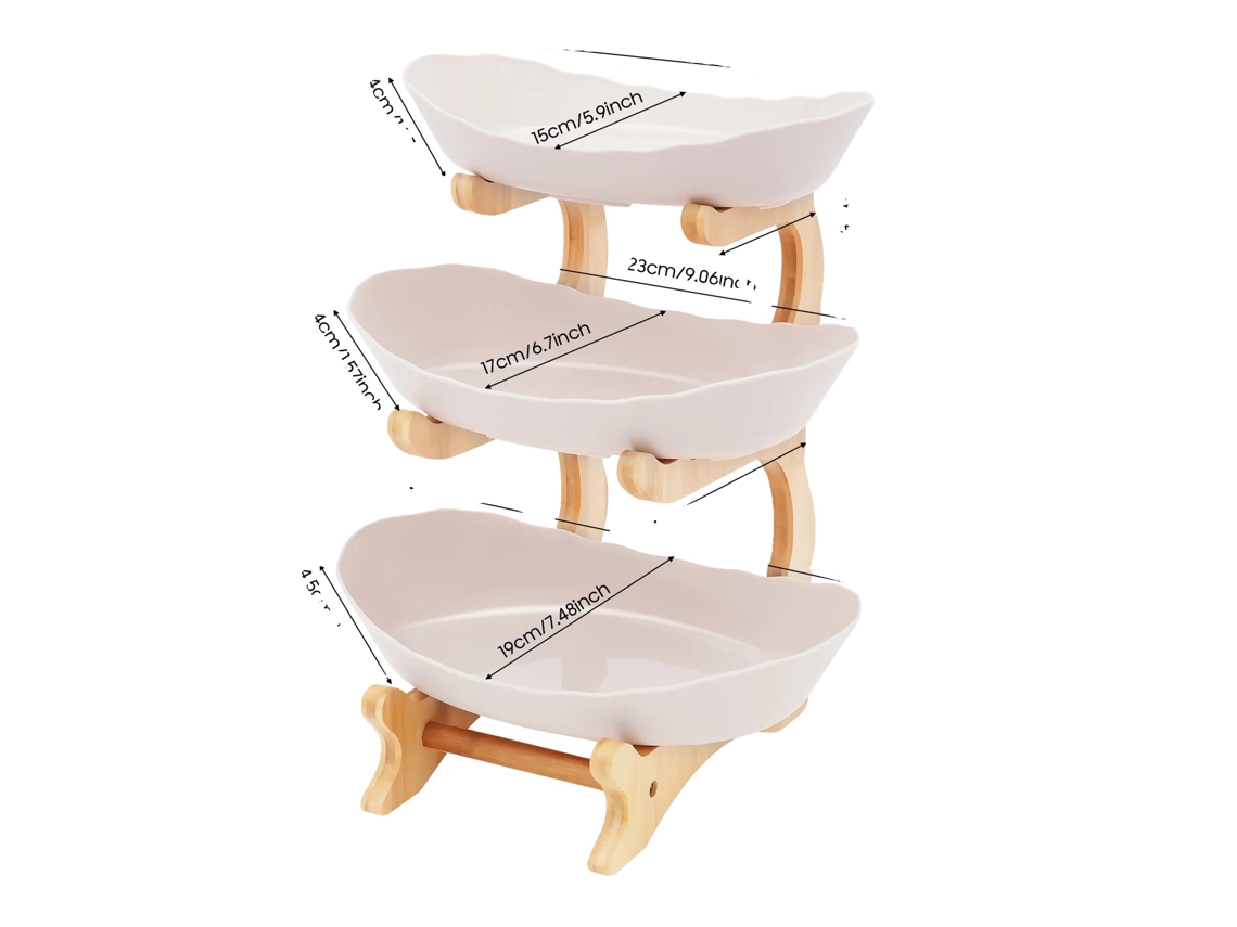 Bandeja para frutas, expositor de 3 niveles, soporte de madera de bambú, color beige.