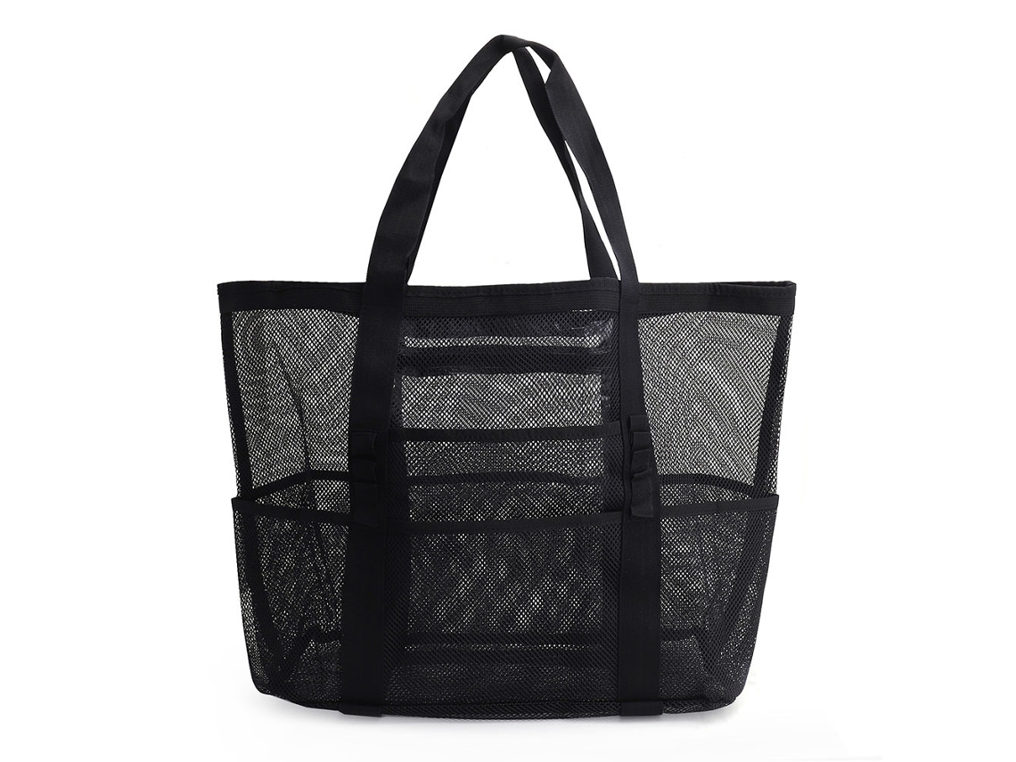 (Negro) Bolsa de playa de gran capacidad con 8 bolsillos de malla