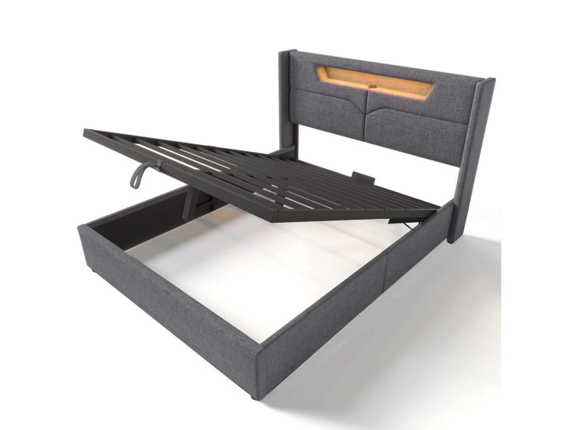Cama De Lino Gris De 160x200 Cm Con Iluminación Led, Usb C, Estructura Metálica Hidráulica Y Almacenamiento Moderno.