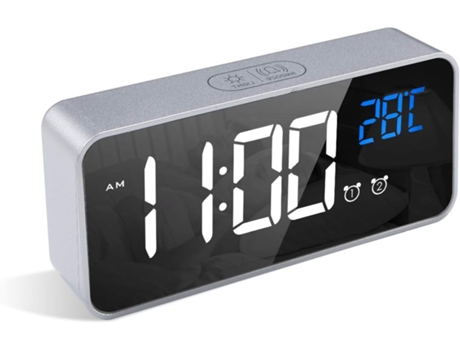 ELKUAIE Reloj despertador digital, reloj despertador LED con función de repetición, carga de puertos USB (plata)