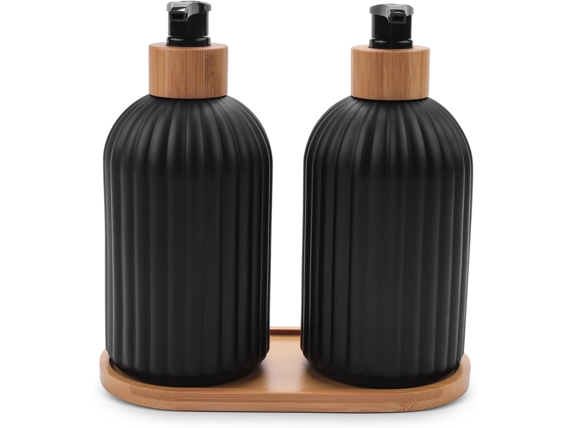 Dispensador de jabón de vidrio de 414 ml con bandeja de madera, juego de 2 dispensadores de jabón Gokoco