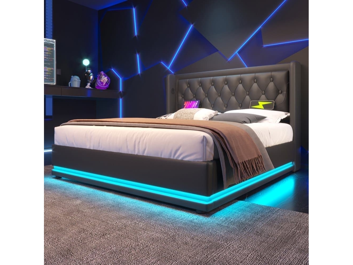 Cama Tapizada 140*200 Cm - Material Pu, Cama De Almacenamiento Hidráulica, Cabecero Acolchado Con Carga Usb Tipo-c, Función Led 3 Lados - Negro