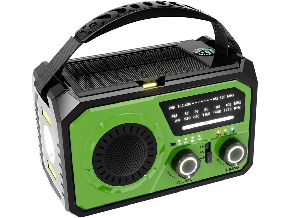 Radio solar portátil Yuysan H21 NOAA/FM/AM, SOS, brújula, Bluetooth 5.3, linterna (verde, 16000 mAh)