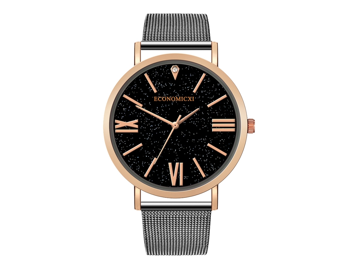 Reloj De Pulsera Para Hombre Con Correa De Aleación Dial Redondo Números Romanos Cuarzo Negro+oro Rosa