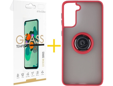Carcasa y Protector de Pantalla de Vidrio Samsung S21 Plus SKYHE Gel Bumper Ring Rojo